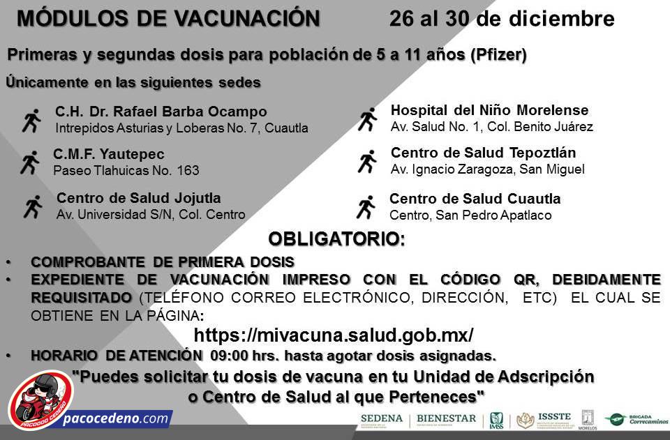 CONTINÚA LA VACUNACIÓN CONTRA EL COVID-19 EN MENORES DE 5 A 11 AÑOS EN EL ESTADO DE MORELOS…