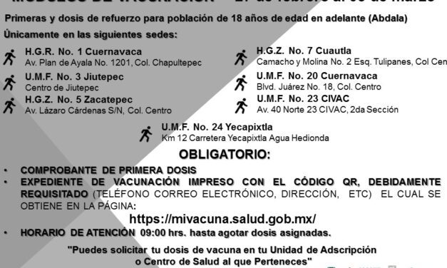 Mantiene Brigada Correcaminos vacunación de primeras y refuerzo contra COVID-19 para mayores de 18 años con dosis de Abdala