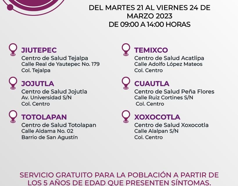 DISPONIBLES PRUEBAS ANTIGÉNICAS PARA DETECCIÓN DE COVID-19 EN MORELOS  El servicio se mantiene gratuito del 21 al 24 de marzo de 2023 de 09:00 a 14:00 horas en seis módulos